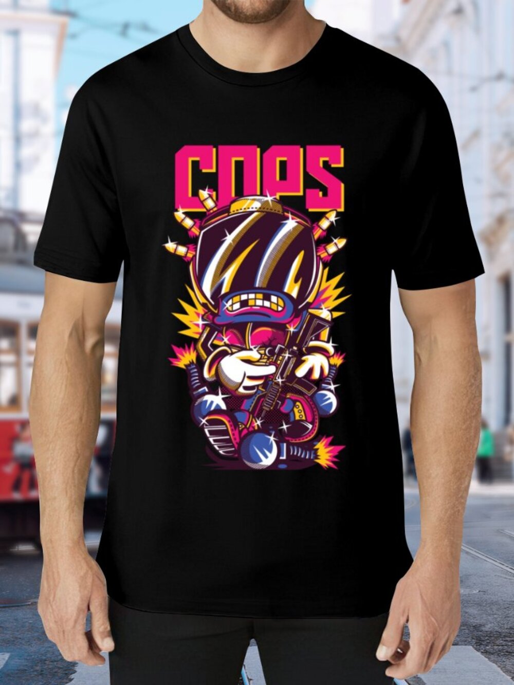 Bold Black Graphic Tee with Neon Gamer Illustration